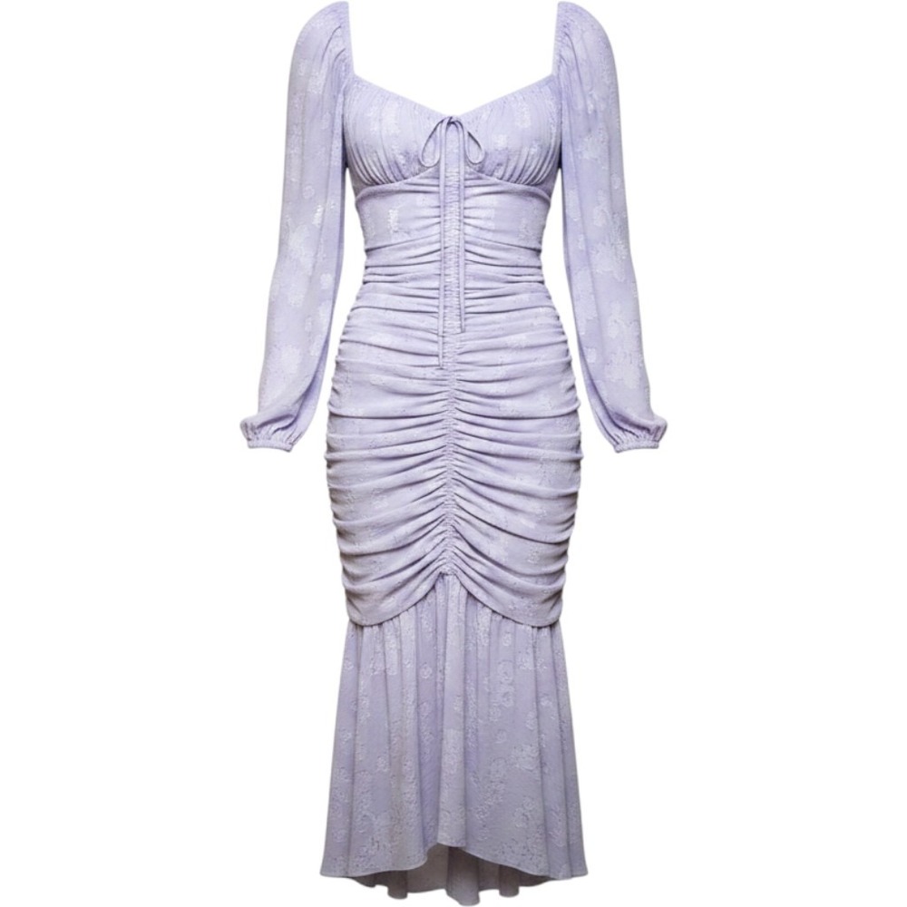 Lavender Floral Jacquard Ruched Midi Dress Long Sleeve Sweetheart Neck Purple S